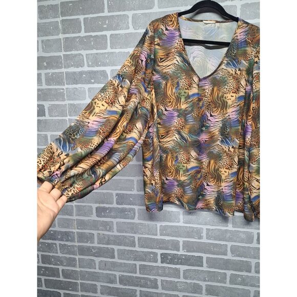 Cotton Bleu Womens Tiger Jungle Print Pullover Balloon Sleeve Blouse‎ Size 1X - Picture 3 of 12